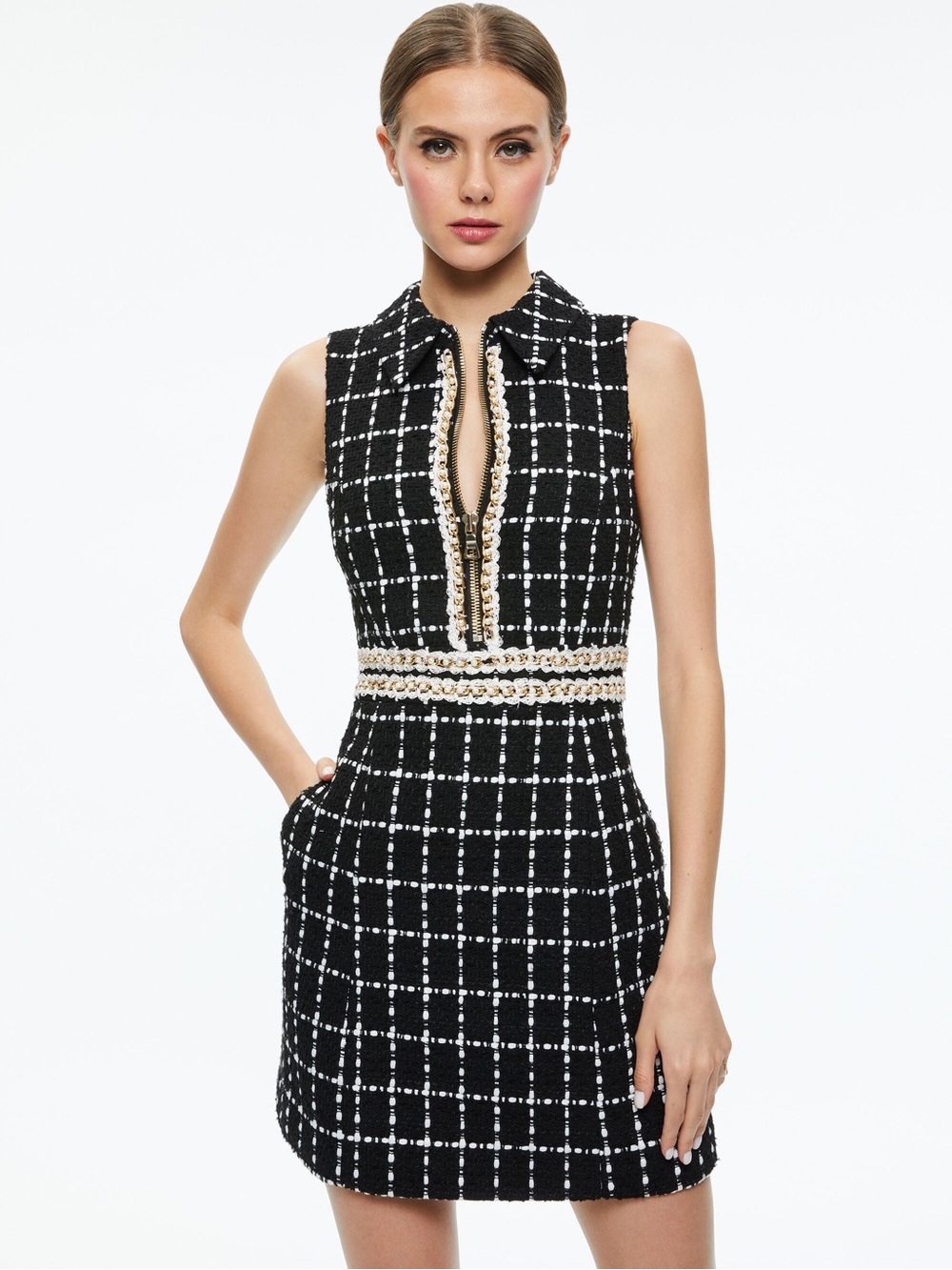 Alice + Olivia Ellis Chain-Embellished Checked Tweed Mini Dress - Picture 3 of 9